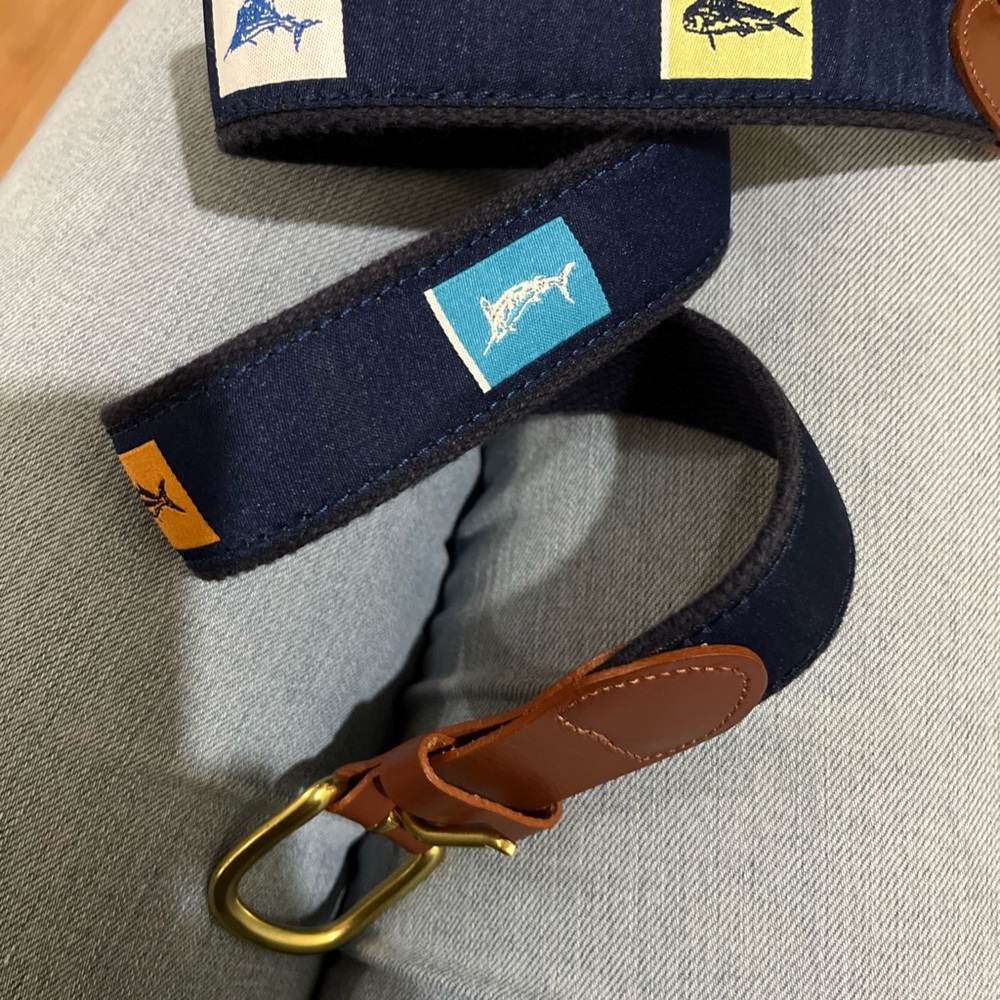 Navy Blue Fish Pattern Belt with Brown Accents